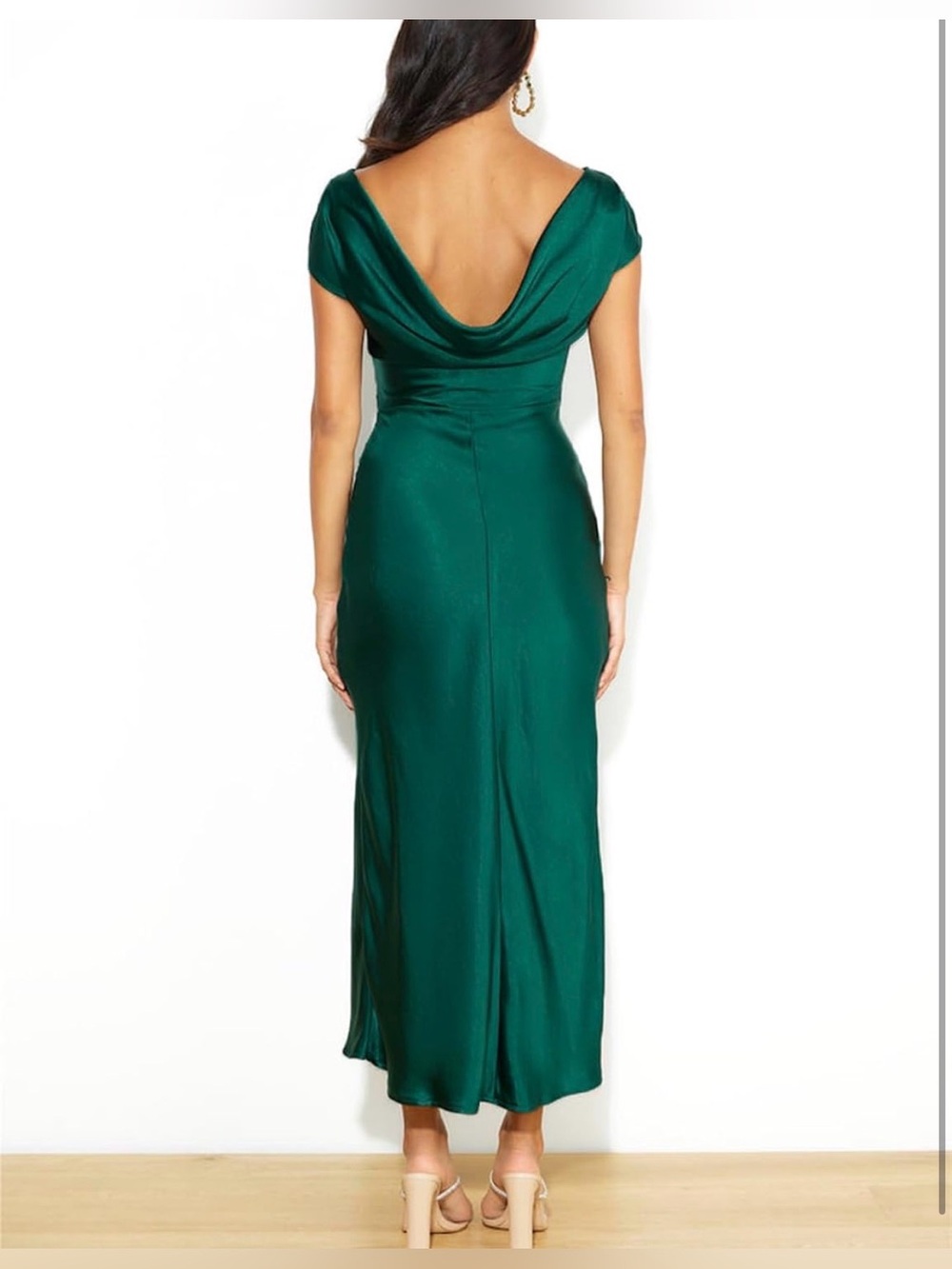 Emerald Green Satin Cap Sleeve Cowl Back Dress for Women - Picture 3 of 7